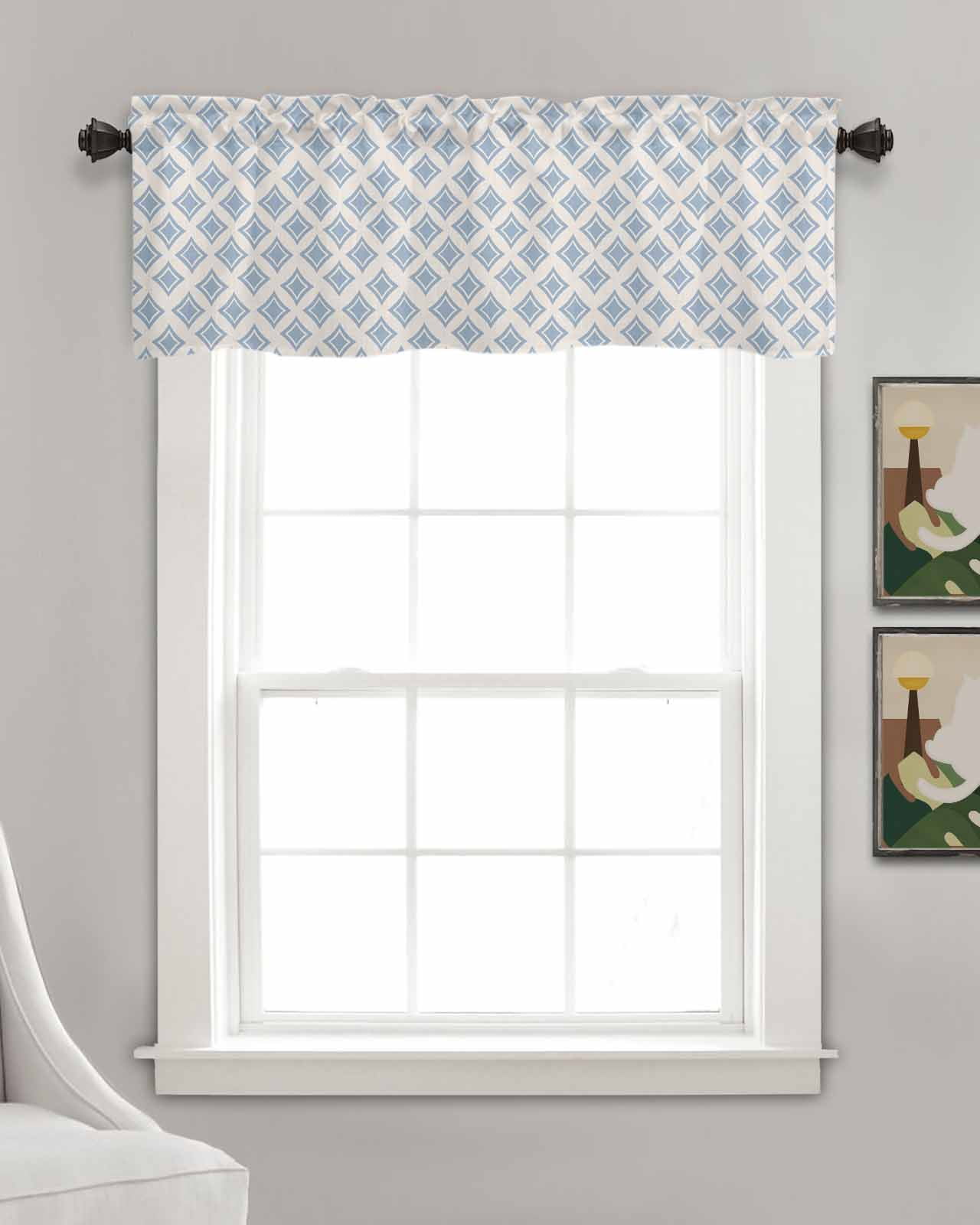 Abstract Blue Linen Curtain Valance for Bedroom/Bathroom/Kitchen/Office/Living/Dining Room Windows,Geometric Simple Modern Boho Art Rod Pocket Topper Drapes Decorative Cafe Drapery Panel 60x18