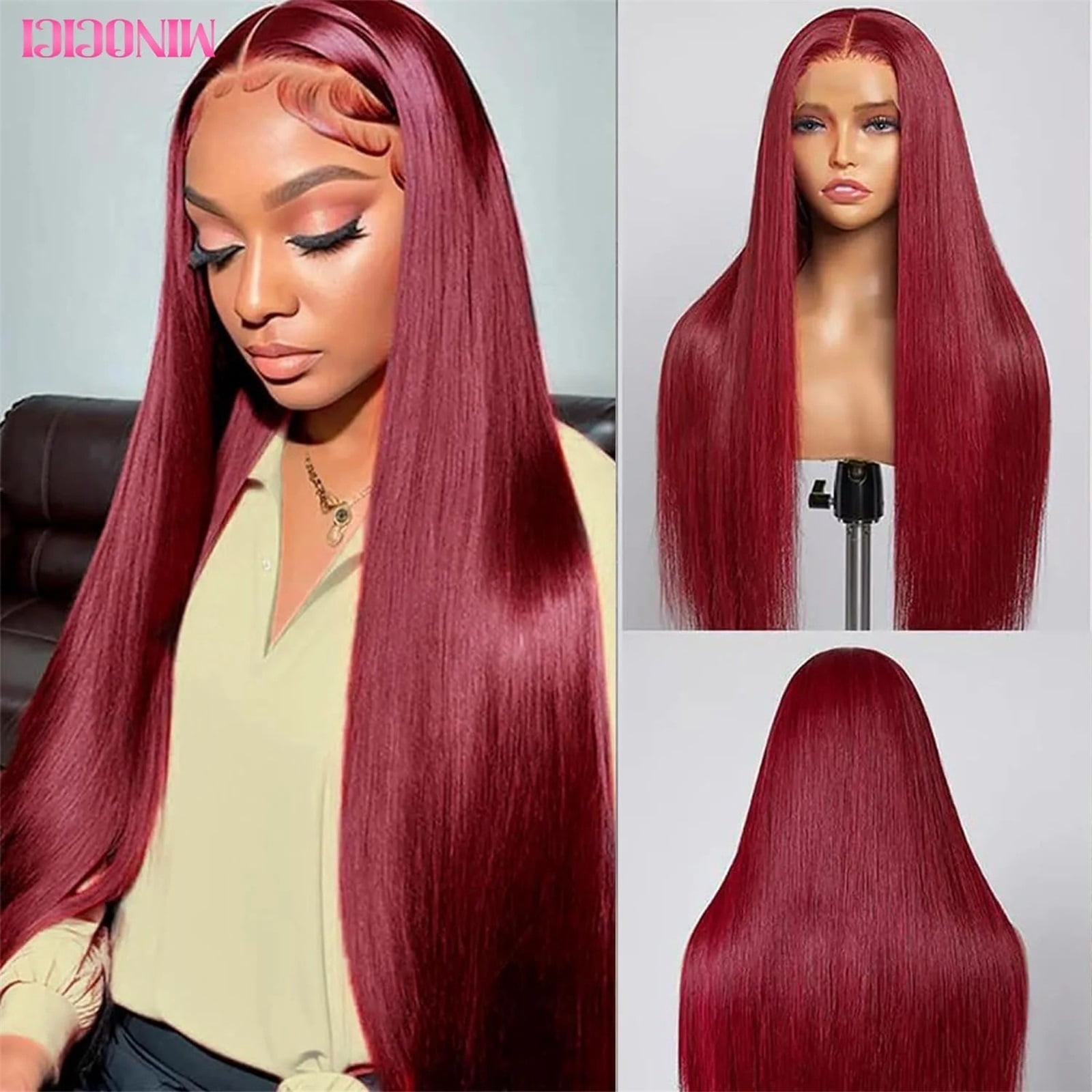 Burgundy 13x4 HD Transparent Lace Frontal Wigs Human Hair Pre Plucked Straight for Black Women