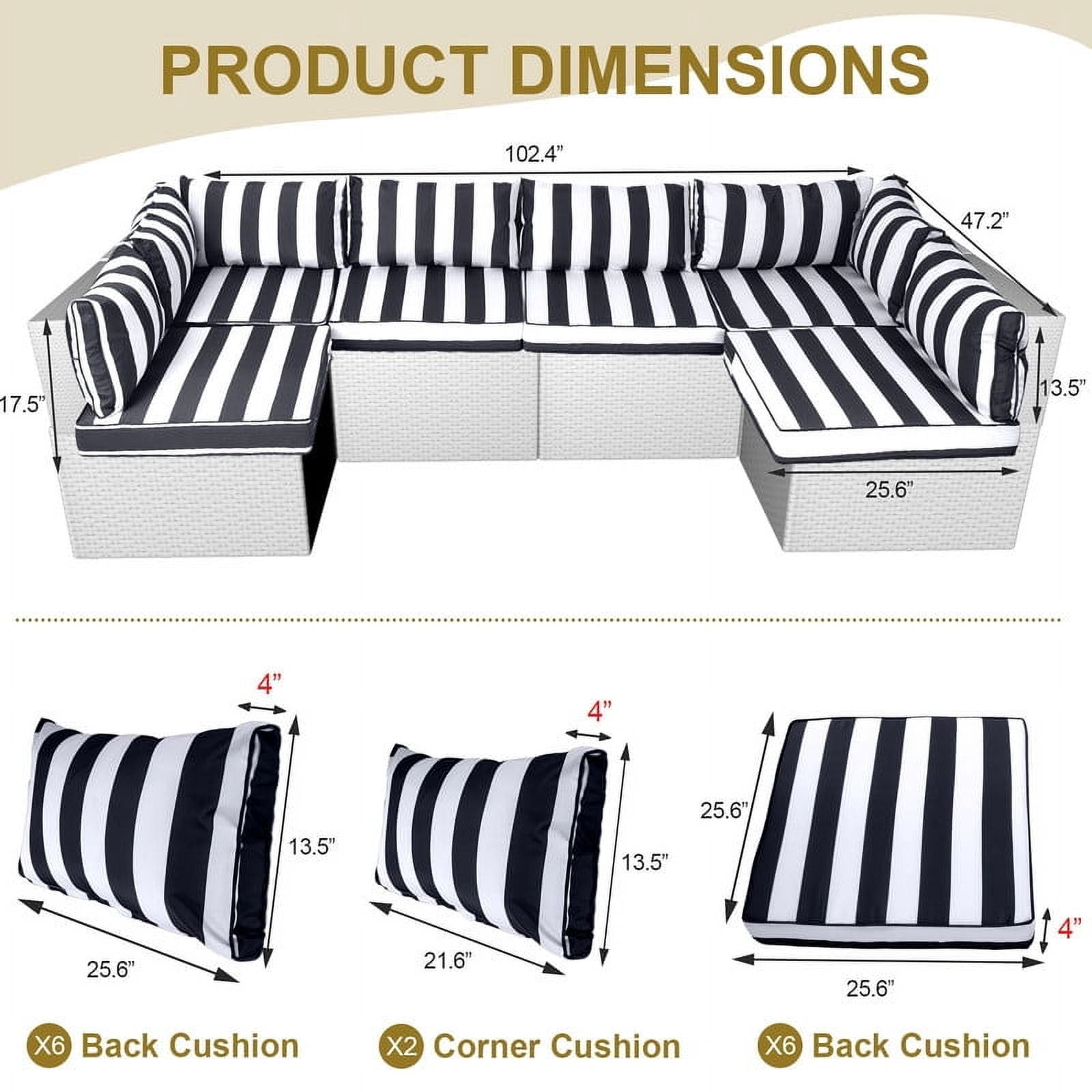Outdoor Replacement Cushions for Patio Furniture,14-Piece Patio Water-Resistant Replacement Sofa Cushions Fits 6-seat Sectional Rattan Conversation Set,Liner&Cover