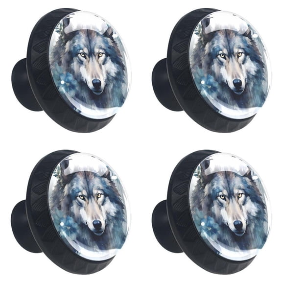 4 Pcs Wolf Aninmal Print Cabinet Knobs 30mm Round Crystal Glass Drawer Handles Pulls with Screws for Kitchen Cupboard Wardrobe Closet Dresser, Home&Office