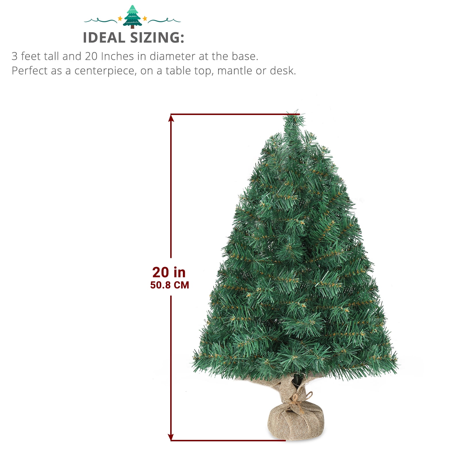 20 in Pre-lit Artificial Mini Christmas Tree, Pre-Decorated with 30 Warm White LED Lights 3 Modes, Premium PVC Wood Base for Home Office Store Holiday Deco, Green