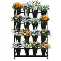 Flower Display Stand with 16 Black Buckets, Flower Cart 4 Layers  with Wheels, for Patio Garden, Living Room, Outdoor Flower Pop-Up Events