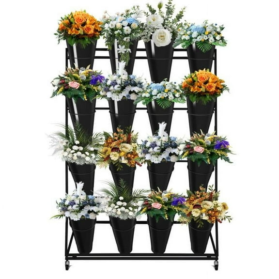 Flower Display Stand with 16 Black Buckets, Flower Cart 4 Layers  with Wheels, for Patio Garden, Living Room, Outdoor Flower Pop-Up Events