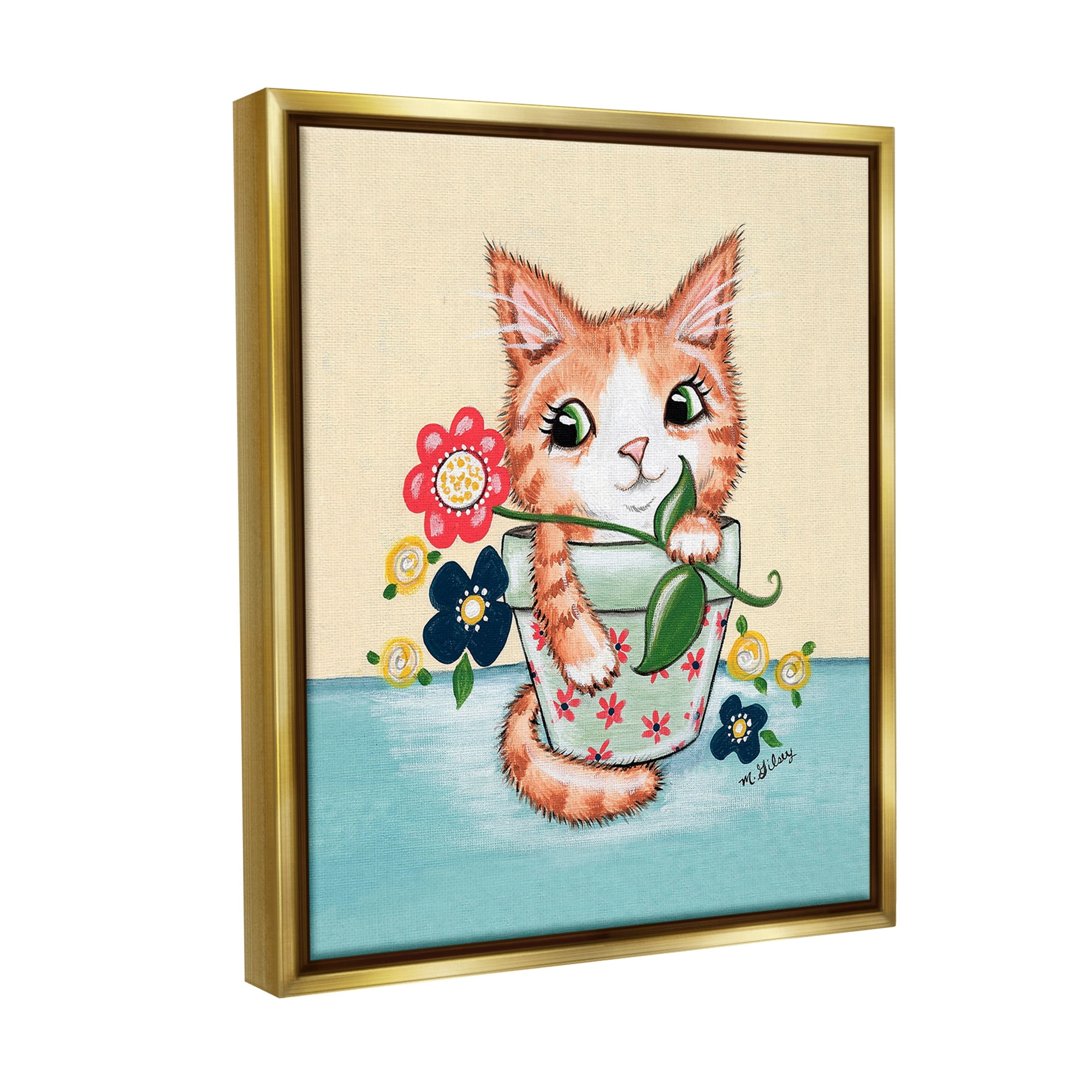 Stupell Industries Kitten in Flower Pot Animals & Insects Painting Gold Floater Framed Canvas Art Print Wall Art, 17 x 21