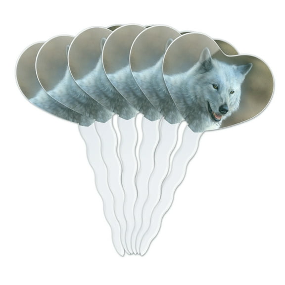 White Wolf Growling Heart Love Cupcake Picks Toppers Decoration Set of 6