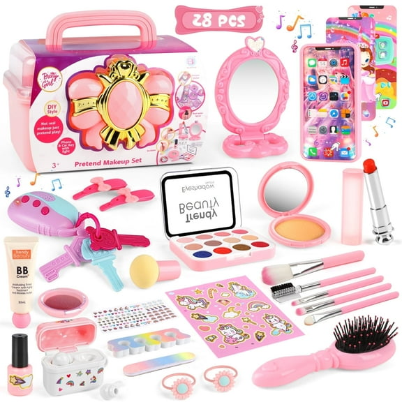 HopeRock 28PCS Pretend Play Makeup Toy Set, Toys for Kids Girls Ages 3-6 Years, with Accessories, Toy Phone, Toy Car Key, Mirror And More, Birthday Gift for Kids Girl.