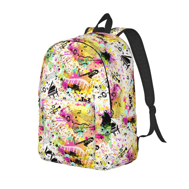 Wukai Retro Musical Print Durable Canvas Laptop Backpack - Adjustable Shoulder Straps, Water-Resistant, Large Capacity, Unisex for School, Office-Small