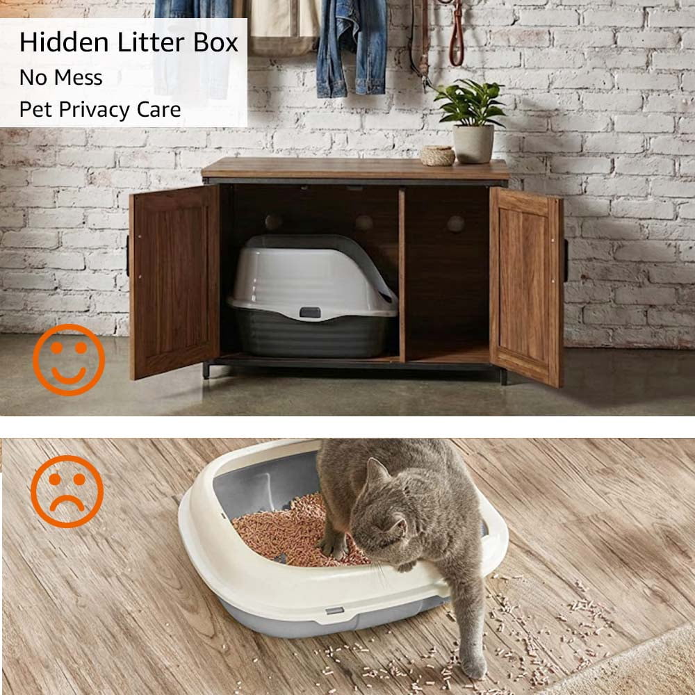 Unipaws Cat Litter Box Enclosure with Top Opening, Cat Washroom Storage Bench for Large Cat, High Jumbo Litter Box, Walnut