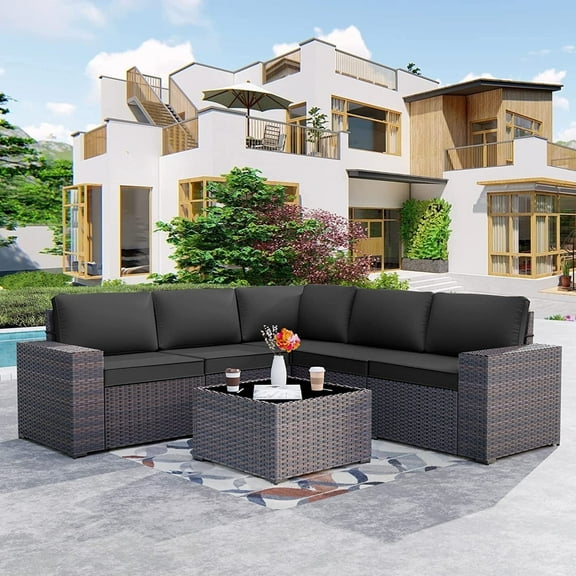 Kullavik 6 Pieces Patio Furniture Outdoor Sofa Wicker Rattan Conversation Set Cushion Glass Table Black