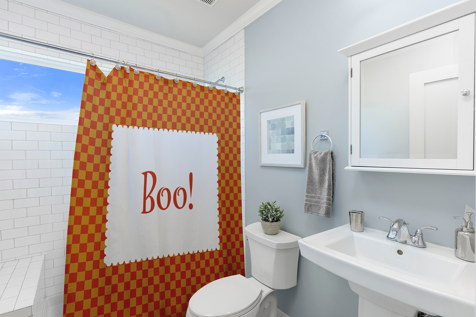 Simply Daisy 70" W x 73" L Halloween Boo Checks Polyester Shower Curtain, Rust [1 Ct]
