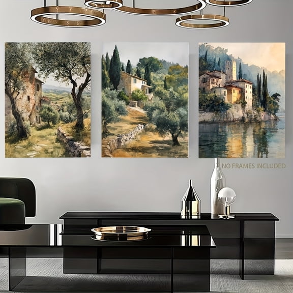 3pcs Tuscan Country Wall Art Set, Olive Tree Print Italian Farmhouse Landscape Decor for Living Room, Bedroom, Dining Room & Office – 2D Flat Frameless Canvas Painting, Christmas Gifts, Home Decor,