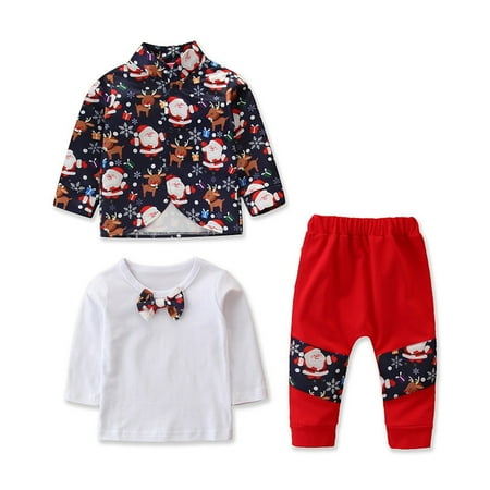 LUOGENLI Baby Boy Outfits 12-18 Months Photoshoot Kids Toddler Baby Boys Christmas Santa Print Long Sleeve Pants Shirt Set Clothes Three Piece Baby Boy Outfits Bear Black 6-9 Months