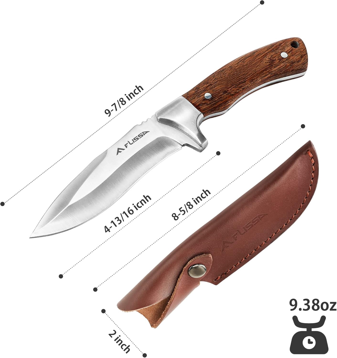 FLISSA Fixed Blade Knife with Sheath, 9.8'' Full Tang Hunting Knife with High Carbon Steel Blade, Non-Slip Rose Wooden Handle, Lanyard Hole, Camping Knives for Hiking, Hunting, Survival, Camping