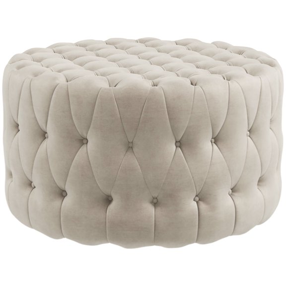 Miekor Furniture 31.5" Round Ottoman, Large Velvet-Feel Upholstered Foot Stool with Button Tufted Design and Padded Seat for Living Room, Entryway, Beige 9103