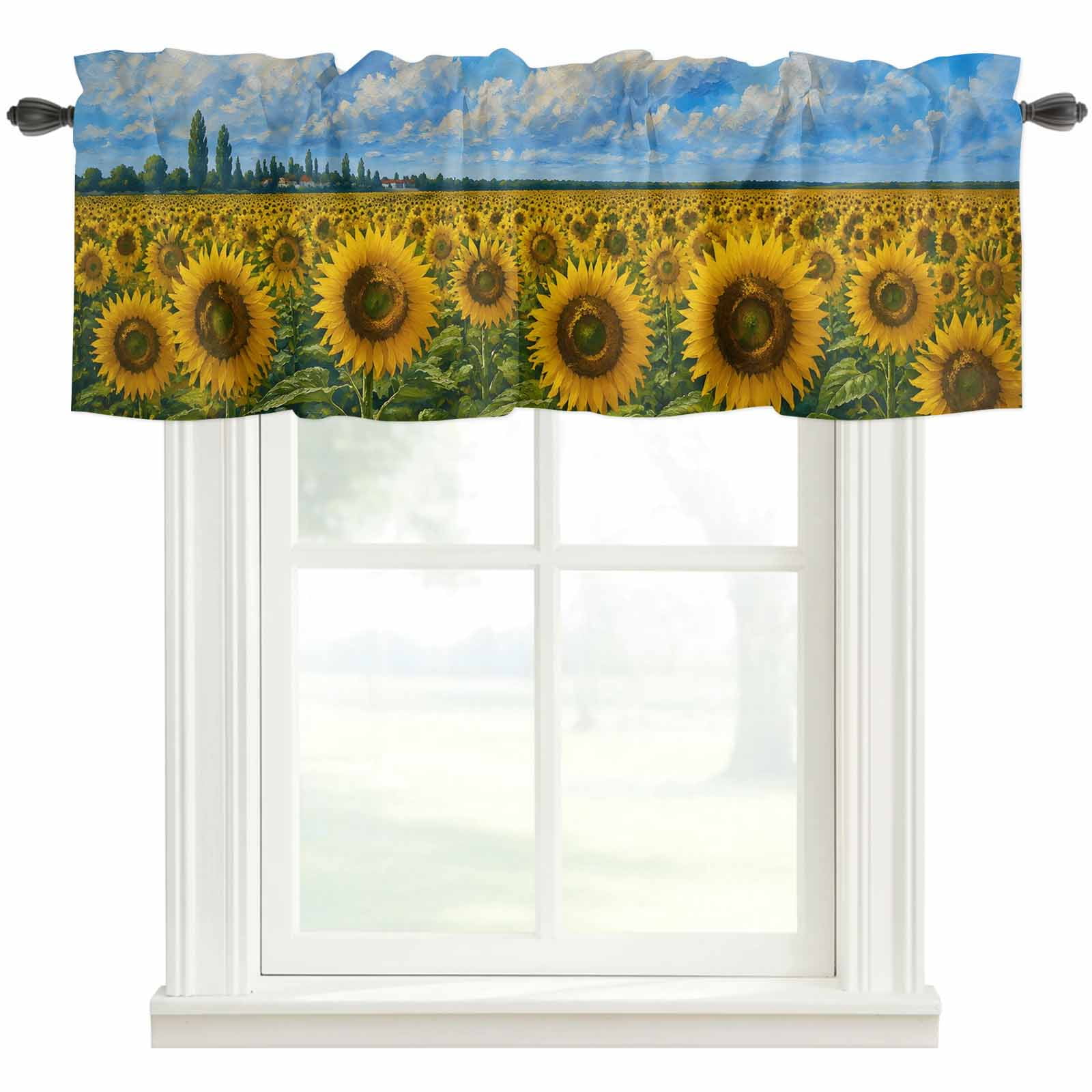 Sunflower Field Valances for Windows Farmhouse Kitchen Curtains Valances Rod Pocket Valance Curtains for Kitchen Windows Sky Blue Botanical Oil Painting Window Valances for Bathroom Bedroom 60 x18