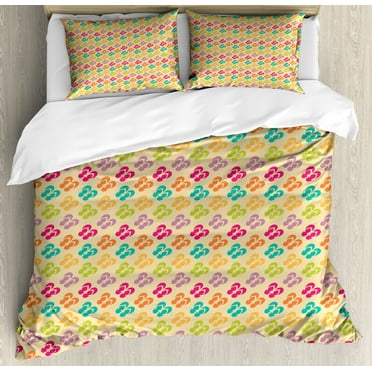 Flip Flop Queen Size Duvet Cover Set, Minimalist Style Repeating Pattern Pairs of Colorful Sandals Diagonal Arrangement, Decorative 3 Piece Bedding Set with 2 Pillow Shams, Multicolor, by Ambesonne