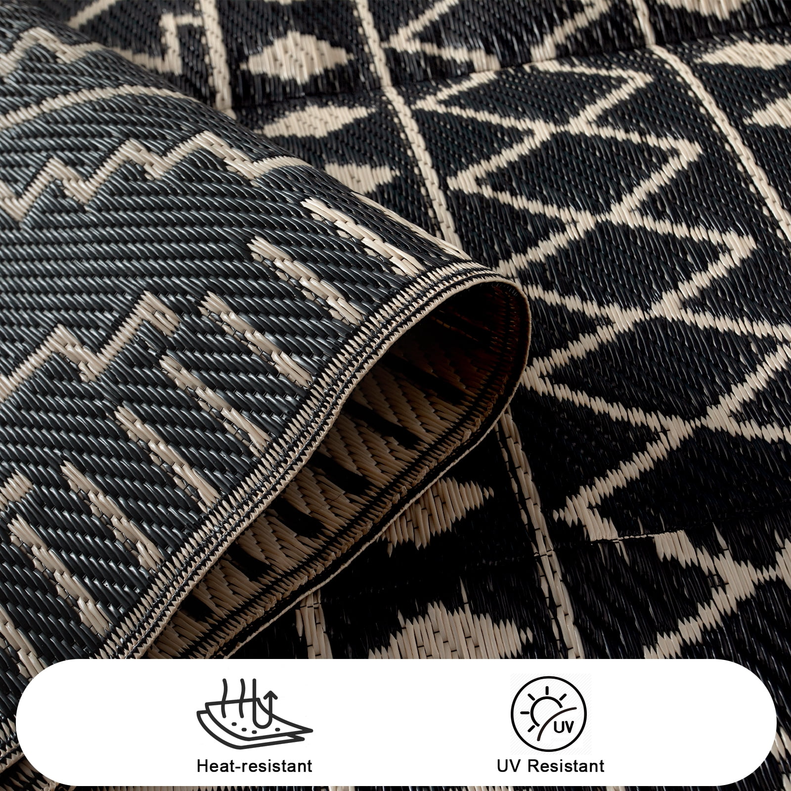 Lahome Waterproof Outdoor Rug 6x9, Reversible Plastic Straw Patio Mat - Moroccan Design for Backyard, Balcony, Garden, Deck, RV Camping, Black & Beige
