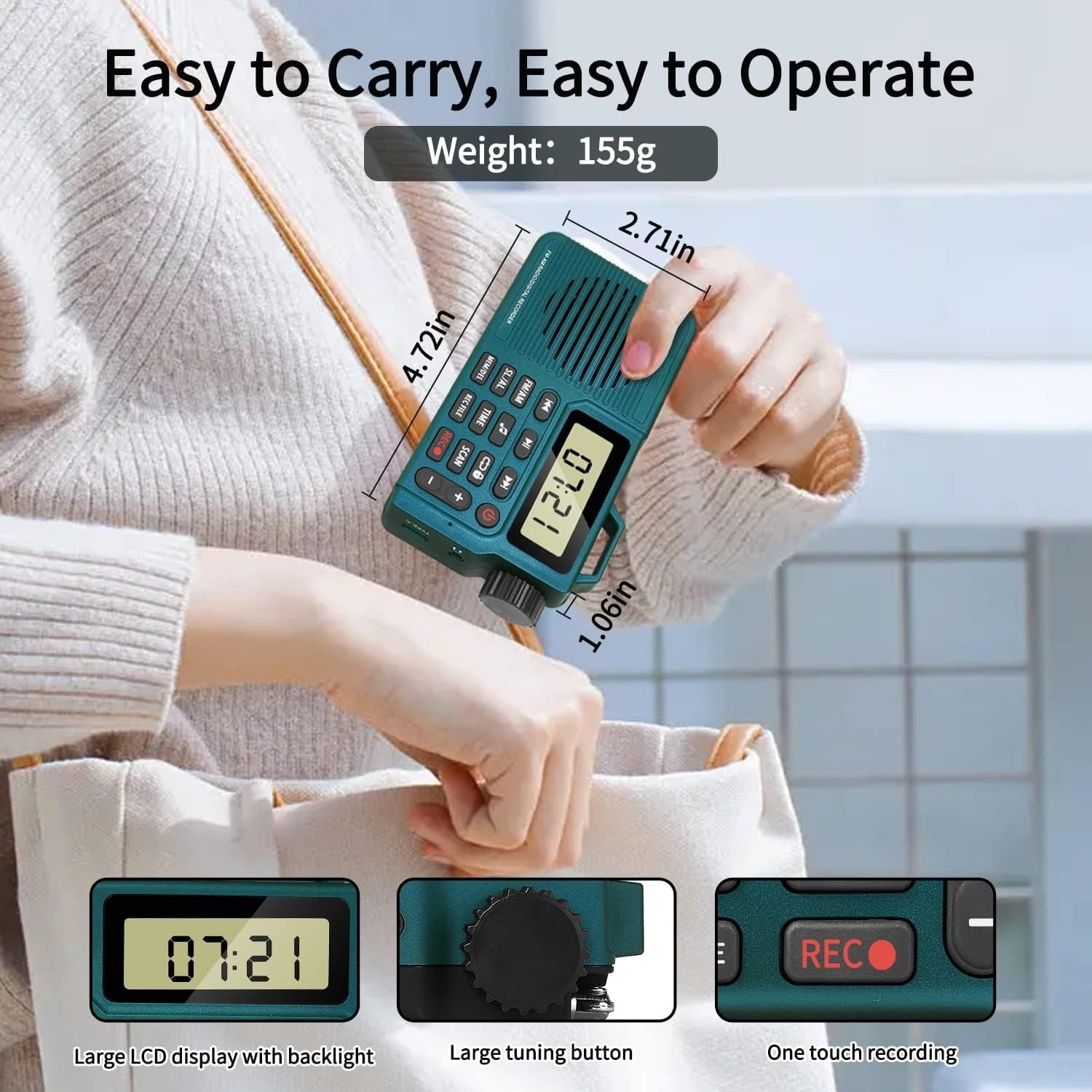 Portable AM/FM Radio with Bluetooth Speaker, Recording, Alarm Clock, and Long Battery Life | Compact Design for Home, Outdoor, and Travel
