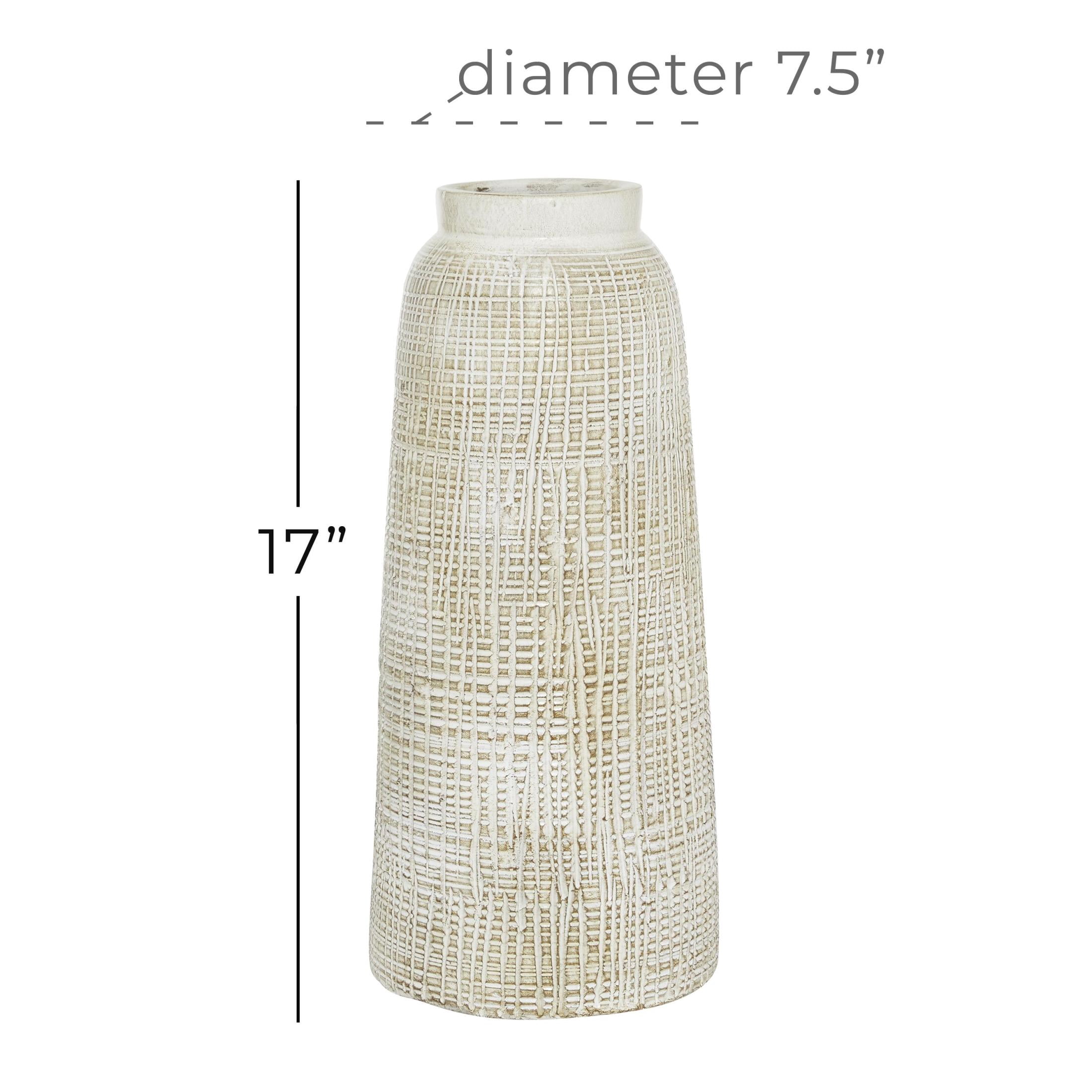 DecMode 17" Textured Crosshatch White Ceramic Vase with Crosshatch Design