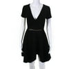 Pre-owned|HALSTON Womens Short Sleeve V Neck Black Jagged Edge Dress Black Size 0 11058805