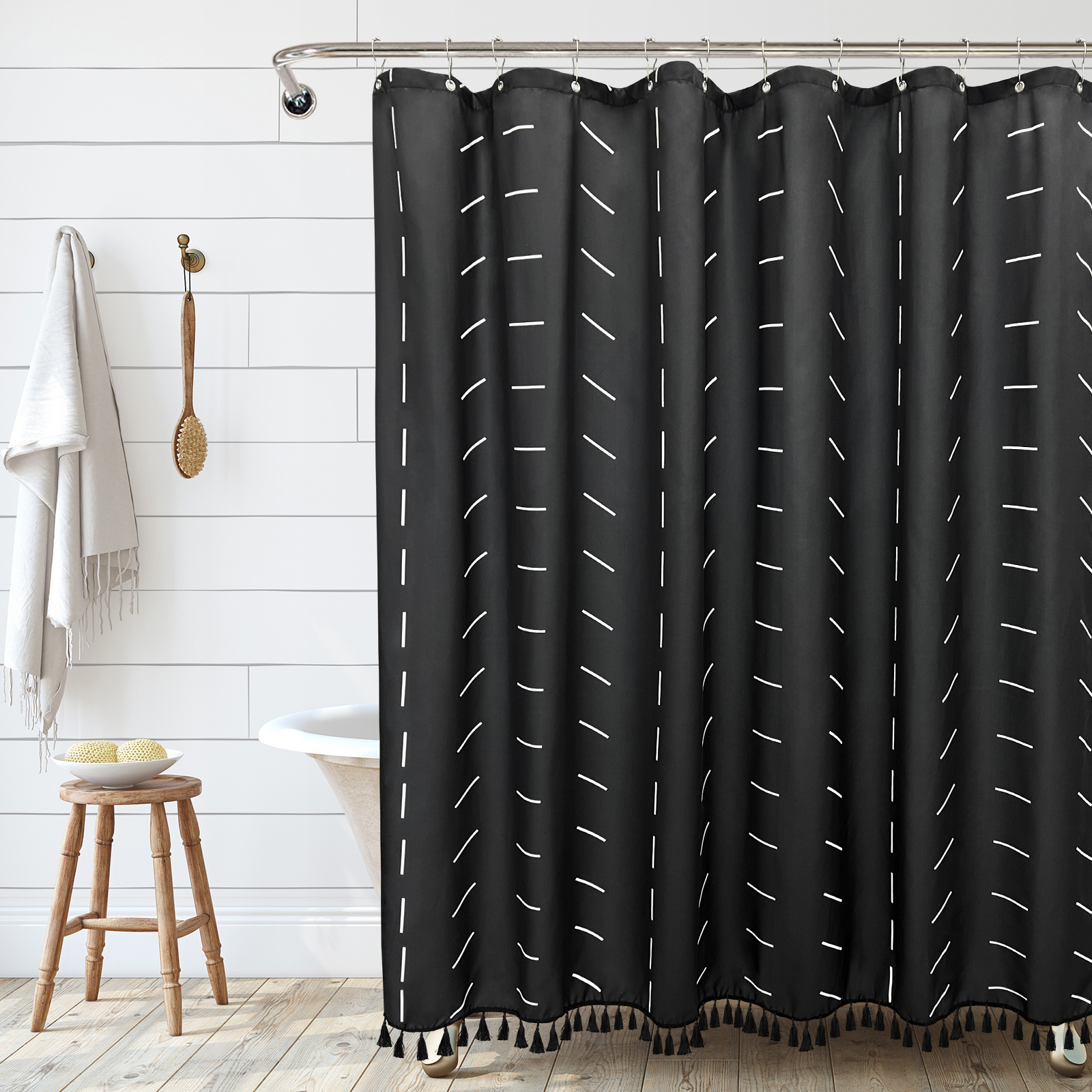 Black Shower Curtain Tassel Striped Polyester Shower Curtain Waterproof