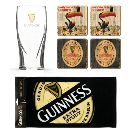 Guinness - Mini Bar Set (6-Piece) - Includes Single Embossed Pint Glass, Label Bar Towel and 4 Random Beer Mats (Toucan, Logo, Horse & Cart, Flying ...