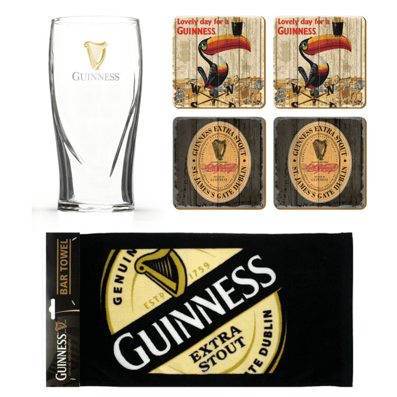 Guinness - Mini-Bar (6 Pièces) - Comprend un Verre à Pinte Gaufré, une Serviette de Bar et 4 Tapis de Bière Aléatoires (Toucan, Logo, Cheval et Charrette, Toucans Volants Ou Tapis de Zoo)
