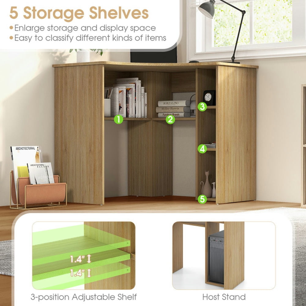 Demi Bonn Corner Computer Desk Triangle Home Office Desk with Adjustable Shelf and Arc-Shaped Profile, Beige