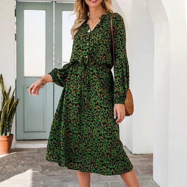Vestido de manga larga de longitud media, vestido de leopardo con cuello alto y estampado de leopardo, vestido de manga larga para mujer, vestido de manga larga con tecnología avanzada