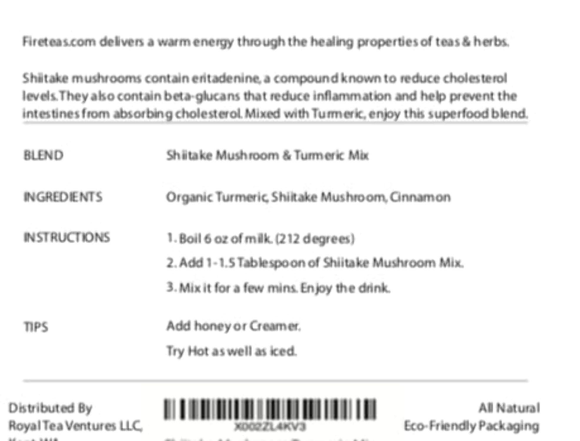 Shiitake Mushroom  Turmeric Mix with Cinnamon - Powdered Mix - Made in The USA
