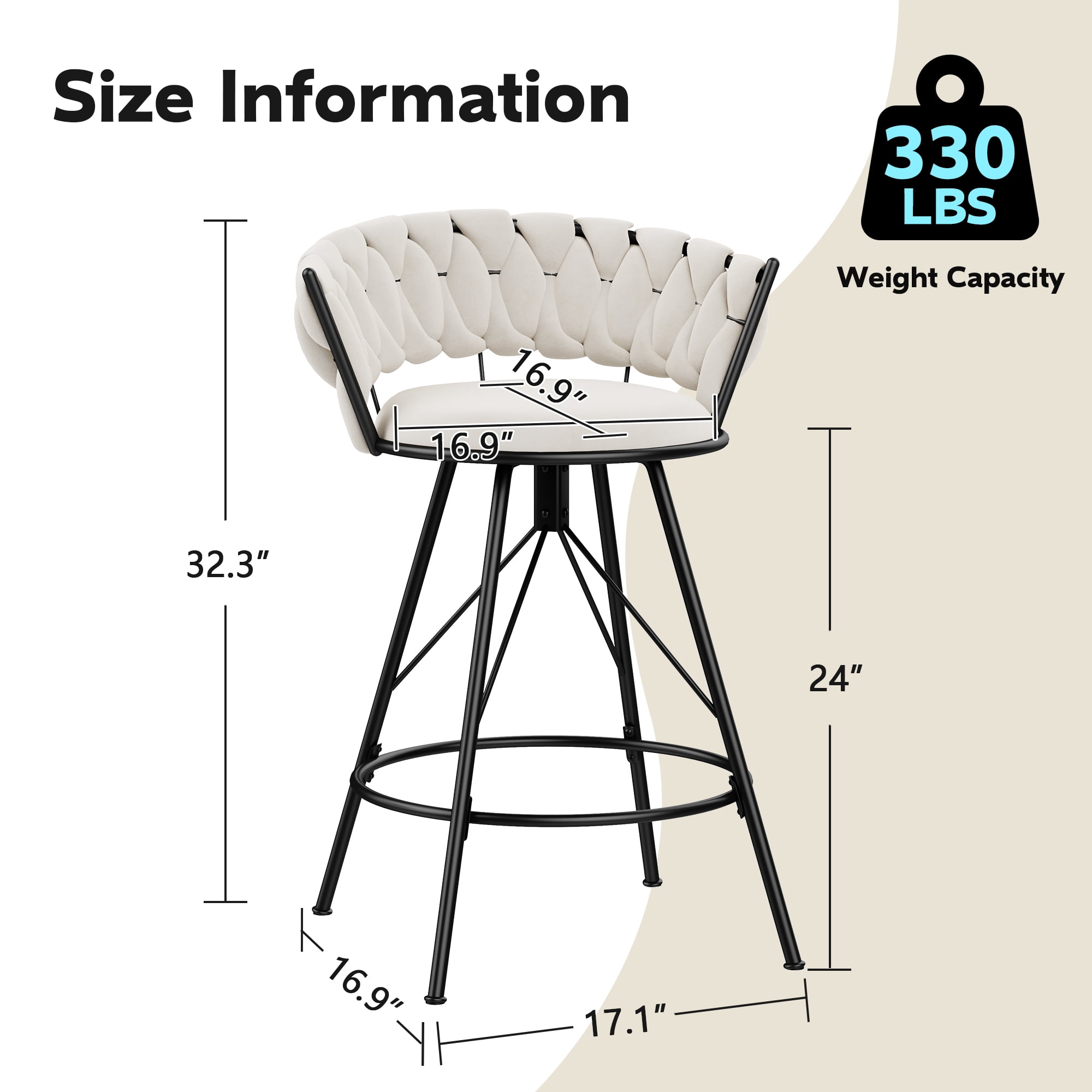 Andeworld 24'' Barstools set of 2, Modern Velvet Bar Stools with Woven Back, Counter Height Barstools with Upholstered Seating, Round Footrest, Ivory