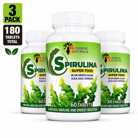 Sunshine Naturals Spirulina Algae Dietary Supplement, 60 Tablets, 500 mg, Superfood, Natural Immune Booster, 3 Pack