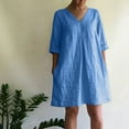 thumbnail image 3 of Elainilye Fashion Dresses for Women Summer Loose Casual V-Neck Solid Short Sleeve Dresses Cotton Linen Dress,Blue, 3 of 9
