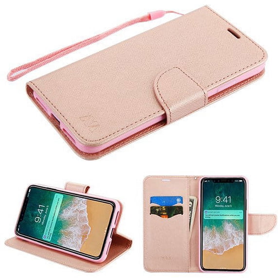 Apple iPhone Xs Max (6.5 Inch) - Pattern Flip Wallet Case Cover Stand Pouch Book Magnetic Buckle with Hand Strap Rose Gold Liner Phone Case for Apple iPhone Xs Max