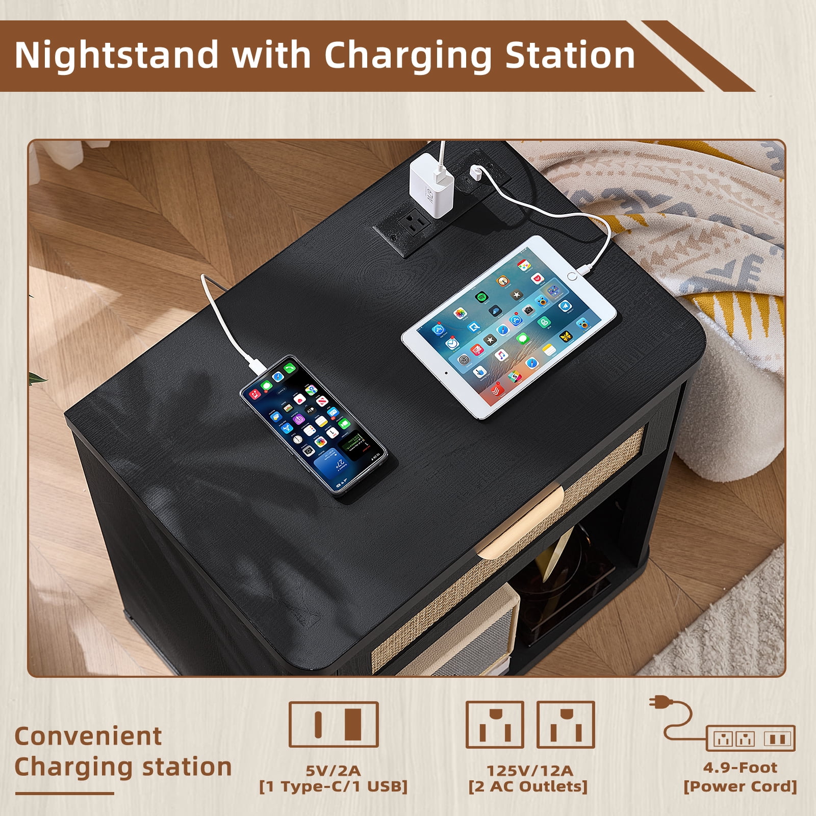 LELELINKY Rattan Nightstand with Charging Station, 23" Wide Boho Bedside Table with Drawer and Shelf for Bedroom, Living Room, Black