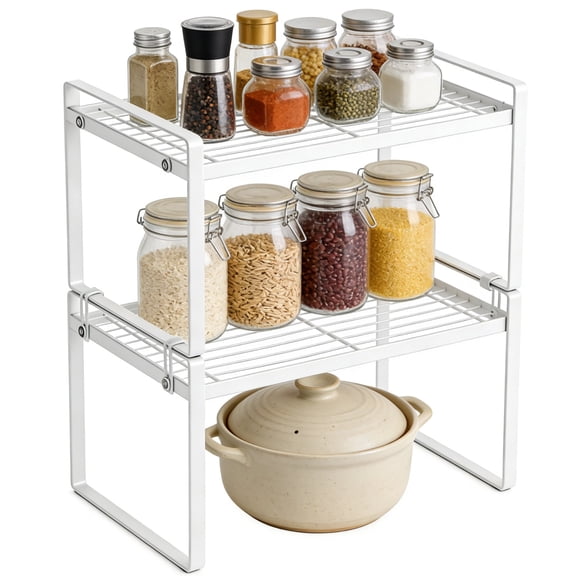 Stackable Metal Kitchen Storage Shelf, 2-tier Cabinet Shelf Organizer, Small Desk Storage Rack with Handle, White Carbon Steel Countertop Rack for Pantry, Under Sink