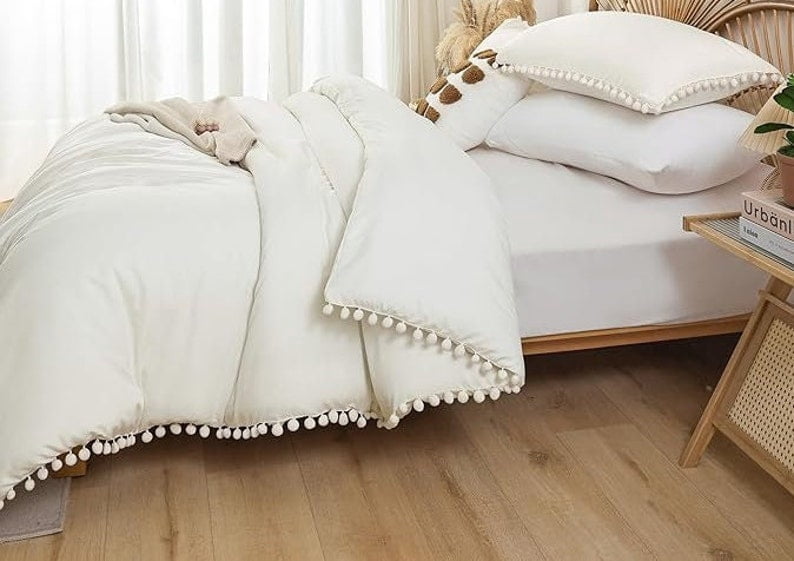 Duvet Cover Set For Bedroom Pompom Boho Bedding Set Breathable Ivory Quilt Cover 8Corner tie For Closure Zipper Bohemian Bedding Set