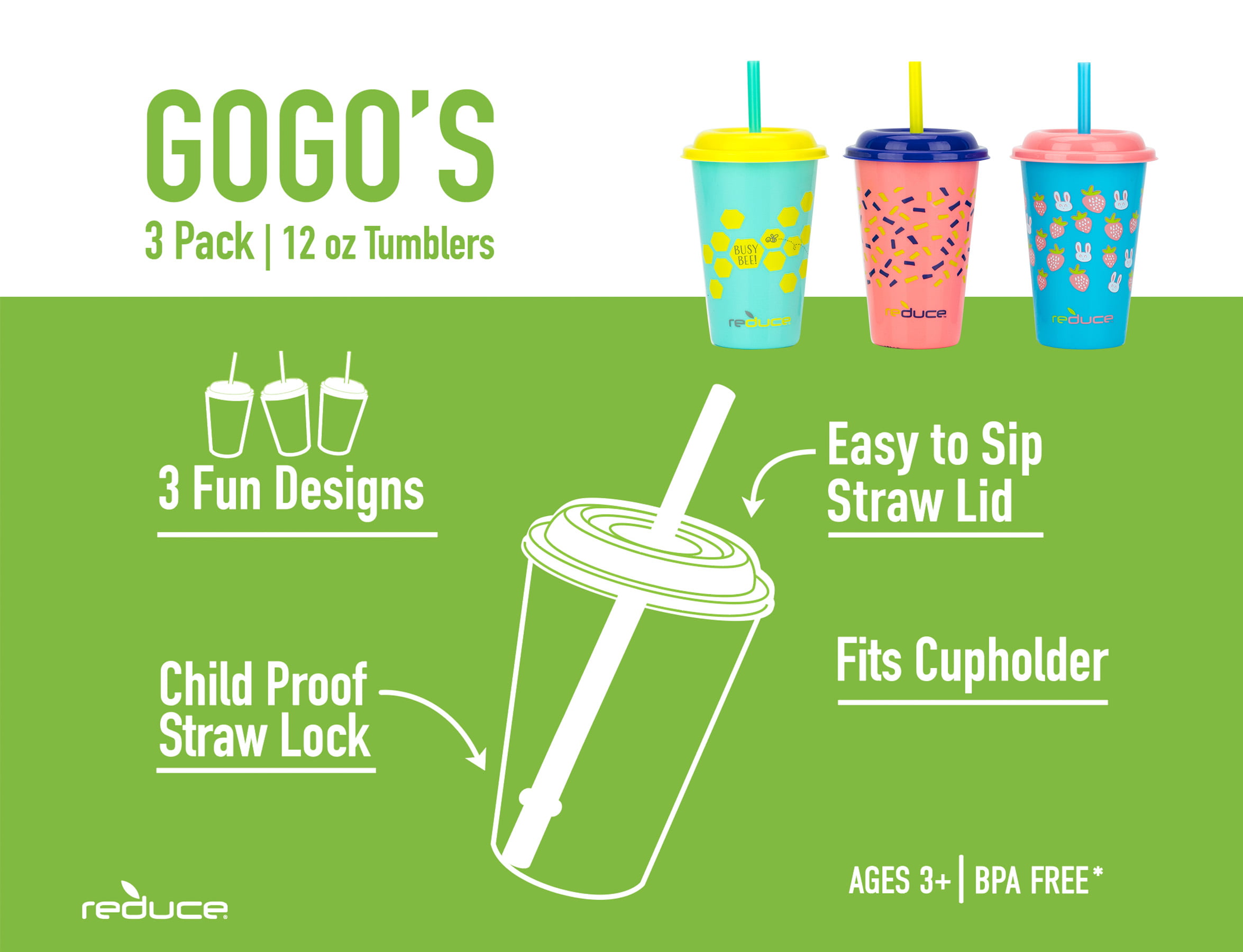 Reduce 12oz 3-pack Go-Go's Kids' Straw Tumbler with Lid Set Berry Fun