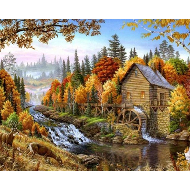 Kit de costura de arte de punto de cruz FLhrweasw con estampado de cabaña de otoño DIY de bordado completo 11CT