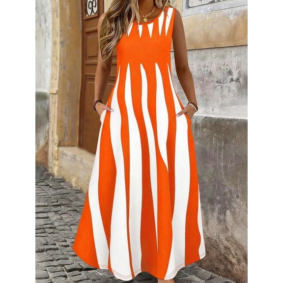 Plus Size Womens Orange And White Geometric Stripe Sleeveless Maxi Dress With Side Pockets