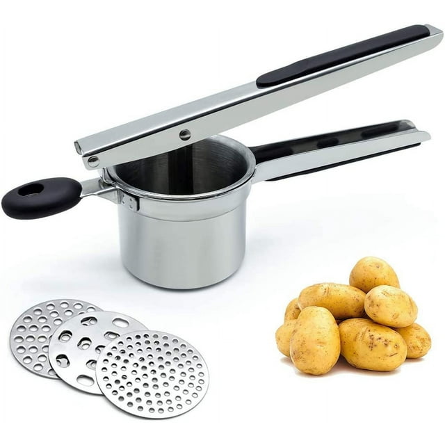 Prensador de patatas, prensador para puré de patatas, prensador de patatas de acero inoxidable con 3 discos intercambiables, herramienta de cocina que crea puré de patatas, frutas, verduras y