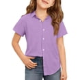 thumbnail image 2 of Domuza Girls Short Sleeve Button Down Shirt Kids Classic Lapel Collar Soft Fabric Casual Fit Everyday Wear School Light Purple 7-8 Years, 2 of 5