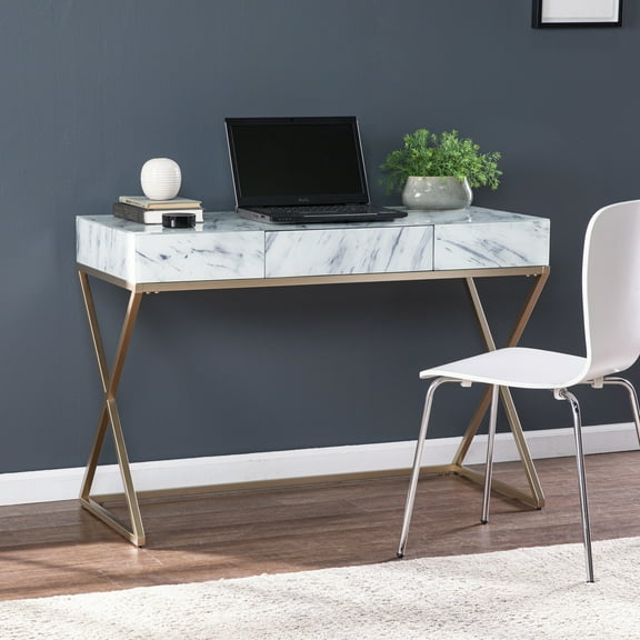 SEI Furniture Kamblemore Writing Desk in Gold/Gray/White Faux Marble