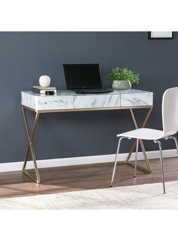 SEI Furniture Kamblemore Writing Desk in Gold/Gray/White Faux Marble
