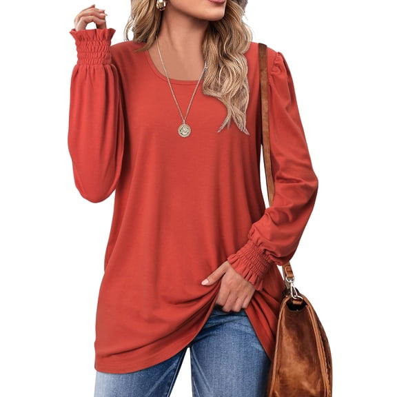Nlife Women Puff Long Sleeve U Neck Pleated Tunic Top Casual Shirt Dressy Blouse