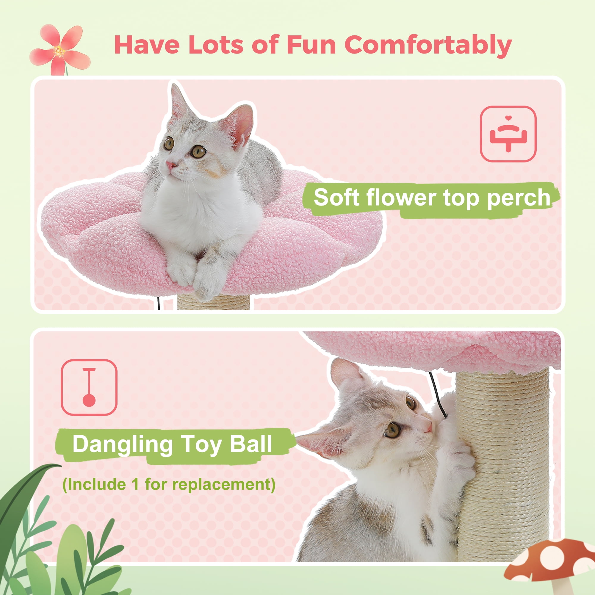 PEQULTI 19.7" Flower Cat Scratch Post, Cat Tree Tower with Removable Perch for Kittens and Small Cats, Pink