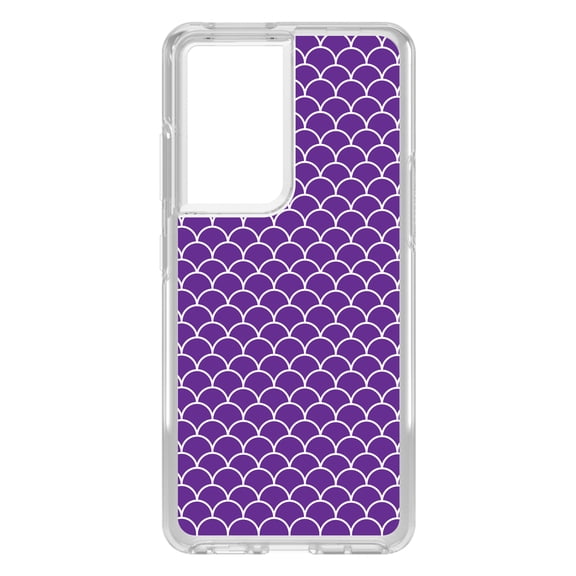 DistinctInk Clear Shockproof Hybrid Case for Galaxy S21 ULTRA 5G (6.8" Screen) - TPU Bumper, Acrylic Back, Tempered Glass Screen Protector - Purple White Scalloped Pattern