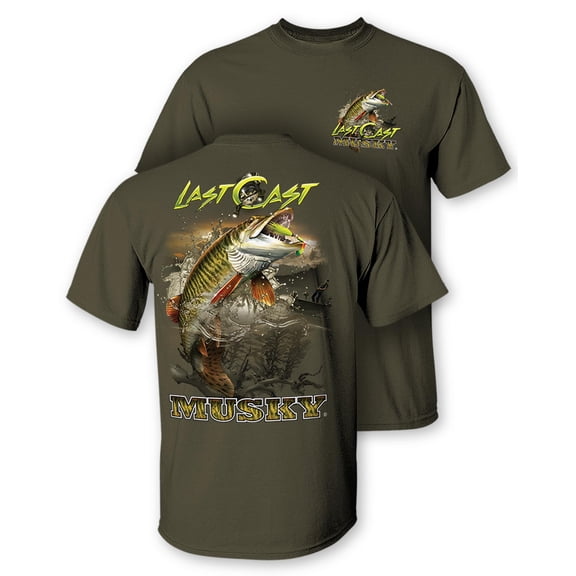 Follow the Action Musky "Last Cast" Two-Sided 100% Cotton Short Sleeve Fishing T-Shirt (X-Large) Military Green