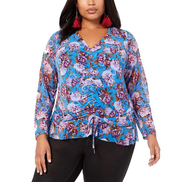 INC International Concepts Plus Size Women’s Floral-Print Ruched Pullover Shirt Tops, Navy, 2X Plus