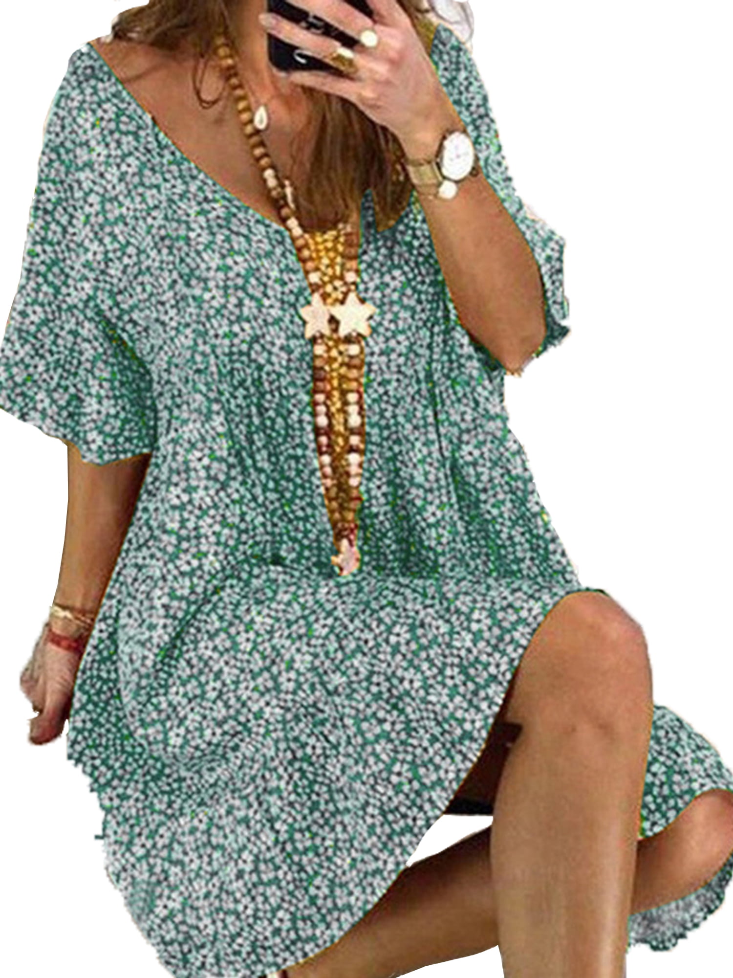 V-Neckline Handmade Women Boho Dress Knee Length Tunic Tops Summer Hippie Dress 